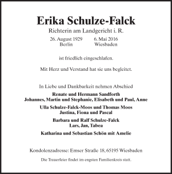 Traueranzeige von Erika Schulze-Falck von  Wiesbaden komplett