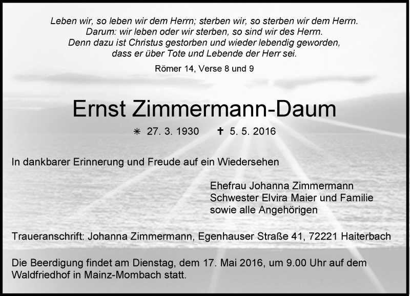  Traueranzeige für Ernst Zimmermann-Daum vom 11.05.2016 aus  Allgemeine Zeitung Mainz