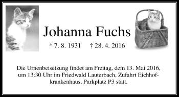 Traueranzeige von Johanna Fuchs von VRM Trauer