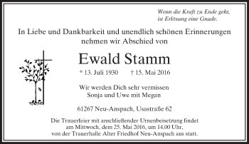 Traueranzeige von Ewald Stamm von  Usinger Anzeiger