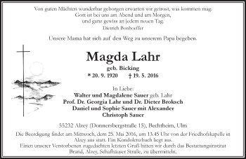 Traueranzeige von Magda Lahr von  Allgemeine Zeitung Alzey