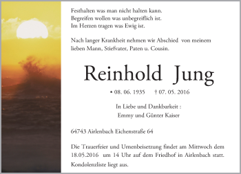 Traueranzeige von Reinhold Jung von Trauerportal Echo Online