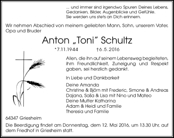 Traueranzeige von Anton Toni Schultz von Trauerportal Echo Online