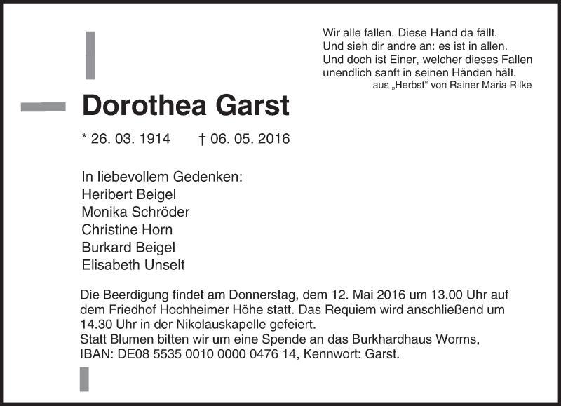  Traueranzeige für Dorothea Garst vom 10.05.2016 aus  Wormser Zeitung