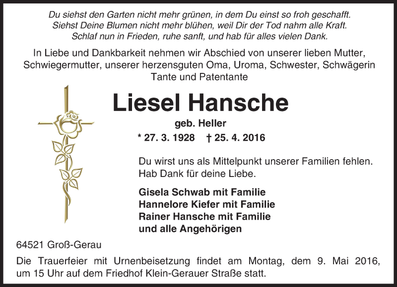  Traueranzeige für Liesel Hansche vom 04.05.2016 aus Trauerportal Echo Online