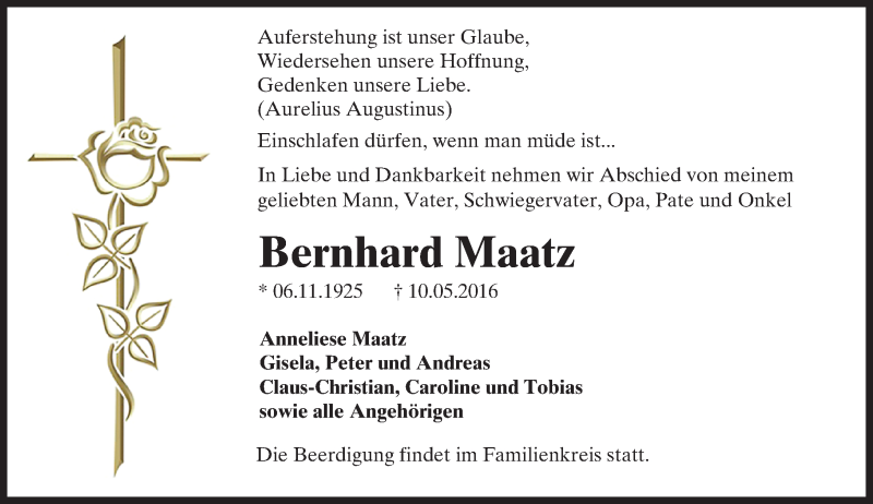 Traueranzeige für Bernhard Maatz vom 14.05.2016 aus Trauerportal Echo Online