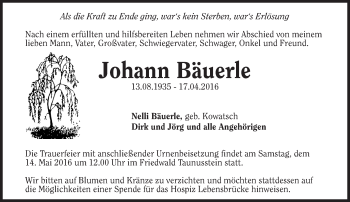Traueranzeige von Johann Bäuerle von  Mainspitze