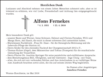 Traueranzeige von Alfons Fernekes von  Wormser Zeitung
