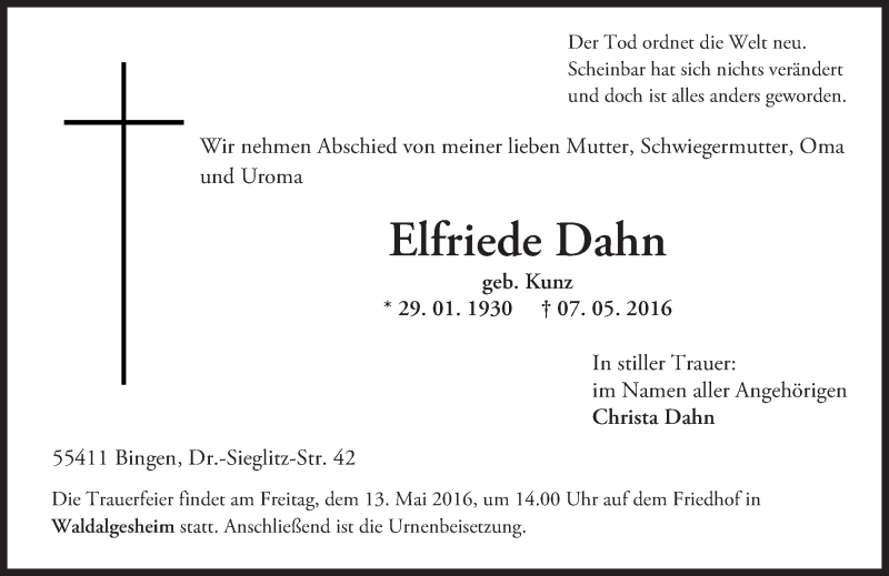  Traueranzeige für Elfriede Dahn vom 10.05.2016 aus  Allgemeine  Zeitung Ingelheim-Bingen