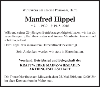 Traueranzeige von Manfred Hippel von  Mainspitze