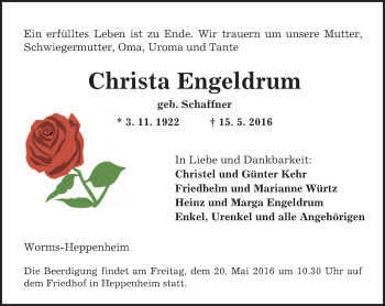 Traueranzeige von Christa Engeldrum von  Wormser Zeitung