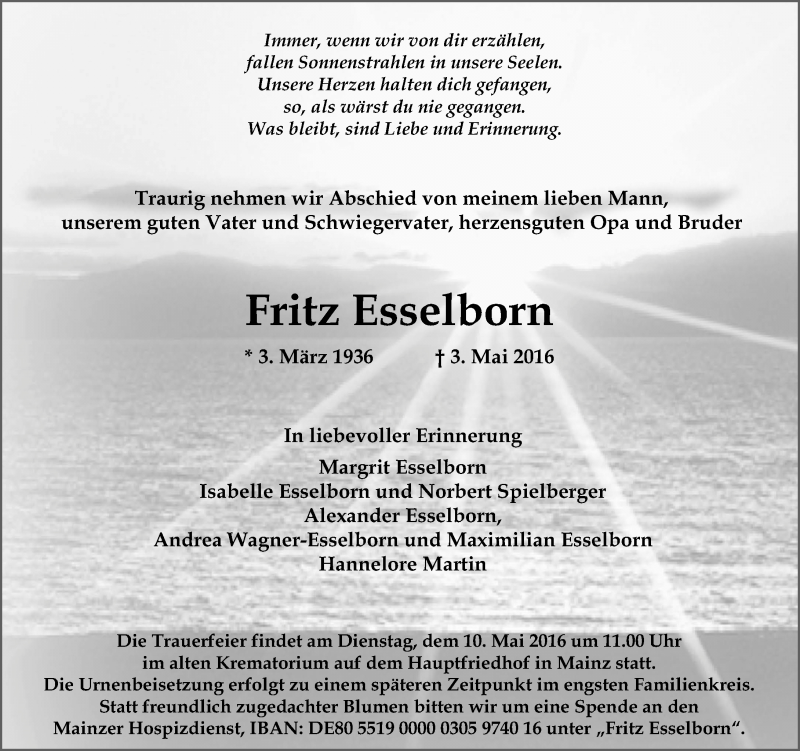  Traueranzeige für Fritz Esselborn vom 07.05.2016 aus  Allgemeine Zeitung Mainz