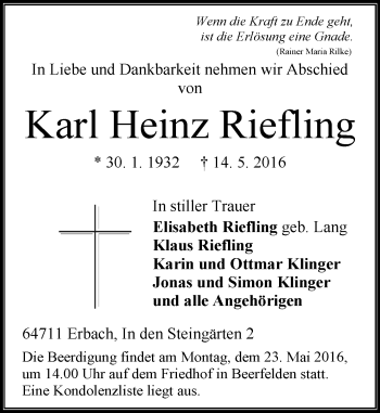 Traueranzeige von Karl Heinz Riefling von Trauerportal Echo Online