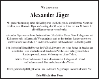 Traueranzeige von Alexander Jäger von Trauerportal Echo Online