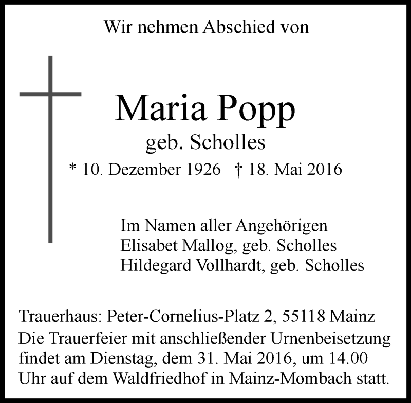  Traueranzeige für Maria Popp vom 28.05.2016 aus  Allgemeine Zeitung Mainz