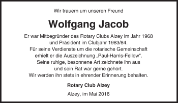 Traueranzeige von Wolfgang Jacob von  Allgemeine Zeitung Alzey