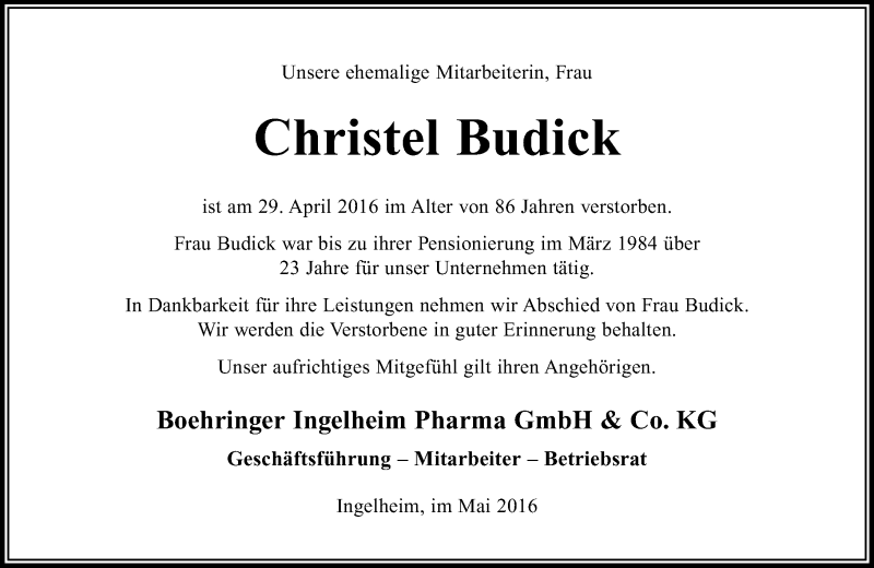  Traueranzeige für Christel Budick vom 04.05.2016 aus  Allgemeine  Zeitung Ingelheim-Bingen