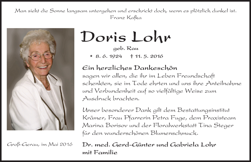  Traueranzeige für Doris Lohr vom 25.05.2016 aus Trauerportal Echo Online