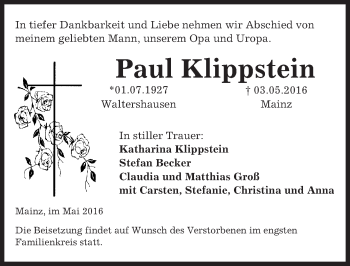 Traueranzeige von Paul Klippstein von  Allgemeine Zeitung Mainz