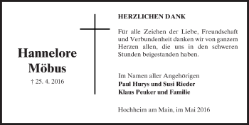 Traueranzeige von Hannelore Möbus von  Hochheimer Zeitung