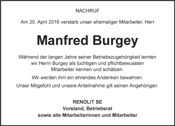 Traueranzeige von Manfred Burgey von  Wormser Zeitung