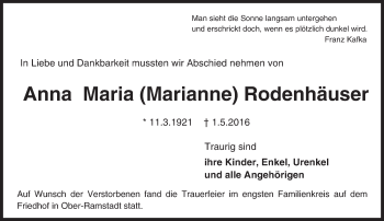 Traueranzeige von Anna Maria  Rodenhäuser von Trauerportal Echo Online