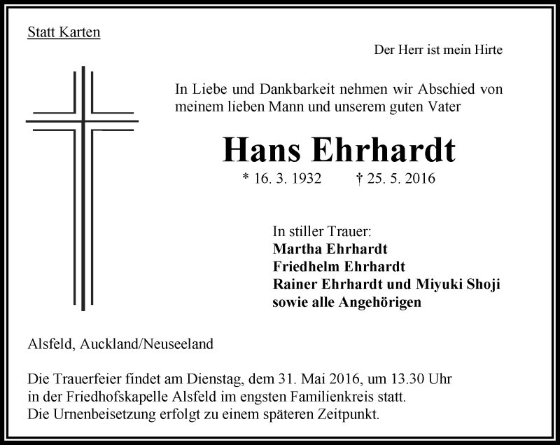  Traueranzeige für Hans Ehrhardt vom 28.05.2016 aus VRM Trauer