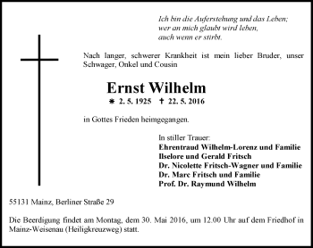 Traueranzeige von Ernst Wilhelm von  Allgemeine Zeitung Mainz