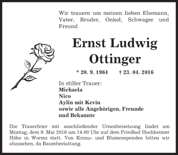 Traueranzeige von Ernst Ludwig Ottinger von  Wormser Zeitung