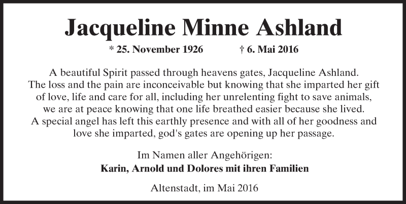  Traueranzeige für Jacqueline Minne Ashland vom 14.05.2016 aus  Kreisanzeiger