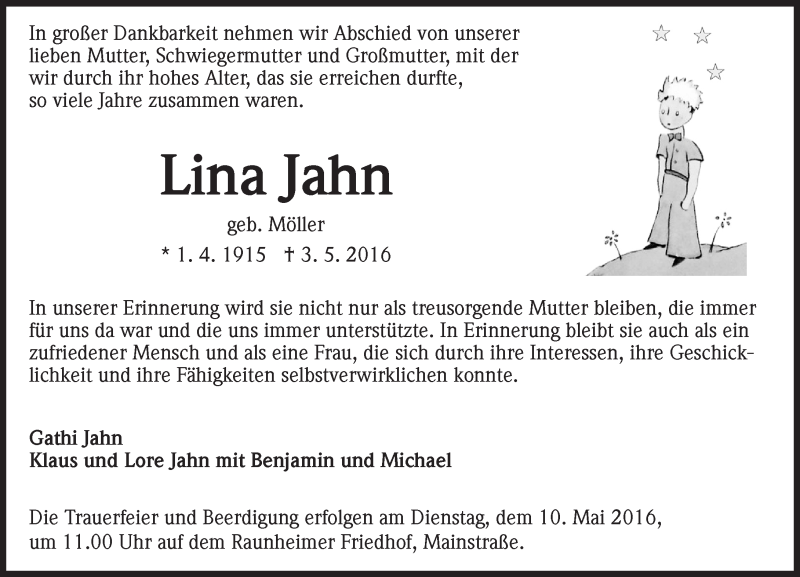  Traueranzeige für Lina Jahn vom 07.05.2016 aus  Mainspitze