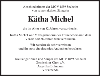 Traueranzeige von Kätha Michel von Trauerportal Echo Online