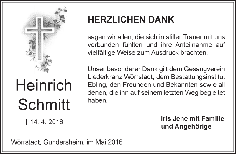  Traueranzeige für Heinrich Schmitt vom 14.05.2016 aus  Allgemeine Zeitung Alzey