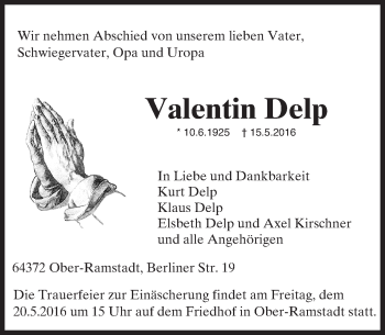 Traueranzeige von Valentin Delp von Trauerportal Echo Online