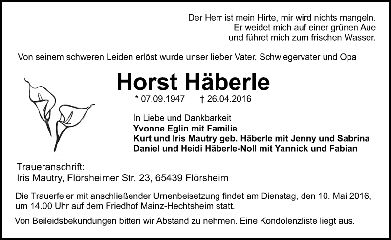  Traueranzeige für Horst Häberle vom 07.05.2016 aus  Allgemeine Zeitung Mainz