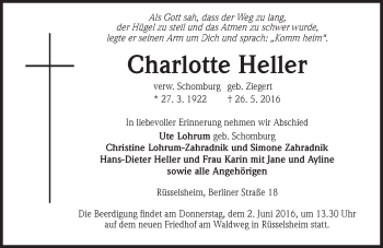 Traueranzeige von Charlotte Heller von Trauerportal Echo Online