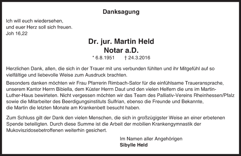  Traueranzeige für Martin Held vom 21.05.2016 aus  Allg. Zeitung Bad Kreuznach