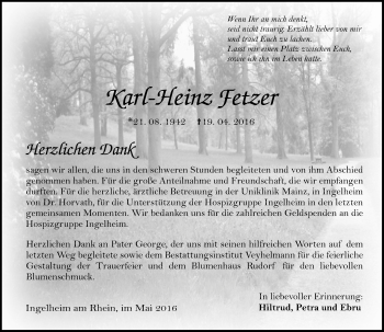 Traueranzeige von Karl-Heinz Fetzer von  Allgemeine  Zeitung Ingelheim-Bingen
