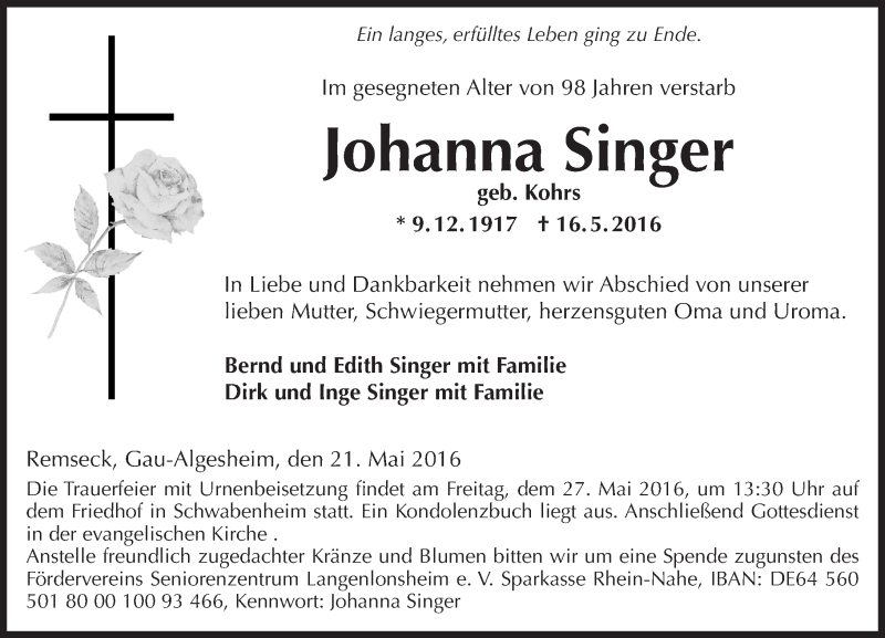  Traueranzeige für Johanna Singer vom 21.05.2016 aus  Allgemeine  Zeitung Ingelheim-Bingen