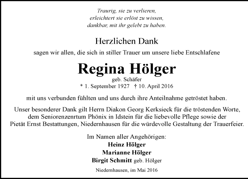  Traueranzeige für Regina Hölger vom 07.05.2016 aus  Wiesbaden komplett