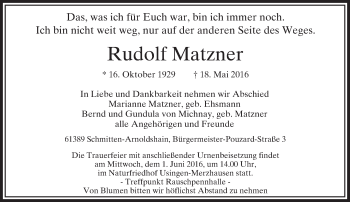 Traueranzeige von Rudolf Matzner von  Usinger Anzeiger