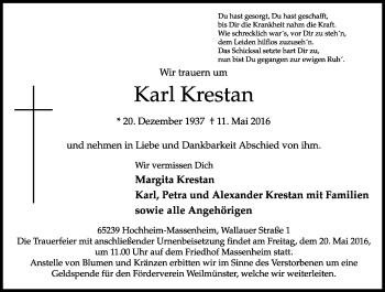 Traueranzeige von Karl Krestan von  Wiesbaden komplett