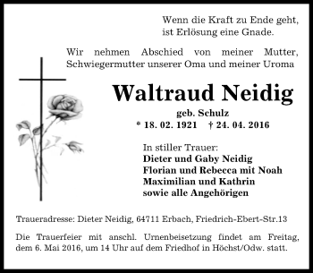 Traueranzeige von Waltraud Neidig von Trauerportal Echo Online