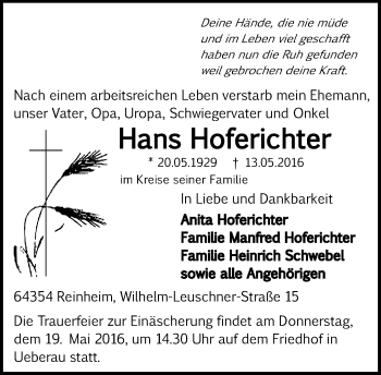Traueranzeige von Hans Hoferichter von Trauerportal Echo Online