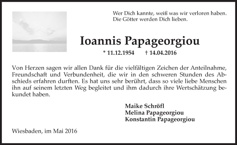  Traueranzeige für Ioannis Papageorgiou vom 28.05.2016 aus  Wiesbaden komplett