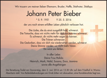 Traueranzeige von Johann Peter Bieber von  Wormser Zeitung