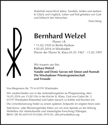 Traueranzeige von Bernhard Welzel von  Wiesbaden komplett