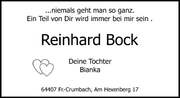 Traueranzeige von Reinhard Bock von Trauerportal Echo Online