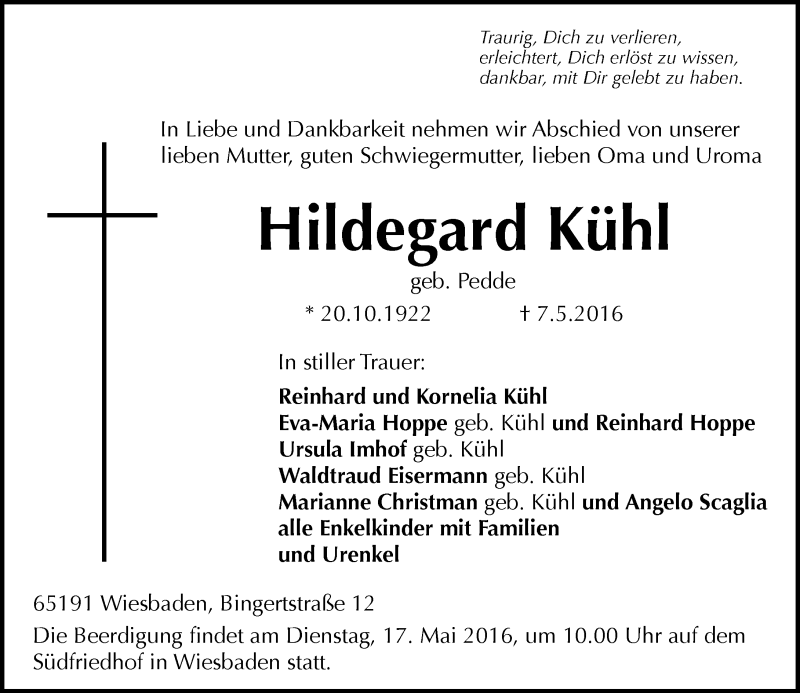  Traueranzeige für Hildegard Kühl vom 14.05.2016 aus  Wiesbaden komplett