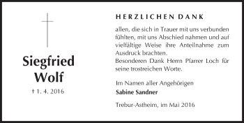 Traueranzeige von Siegfried Wolf von  Mainspitze